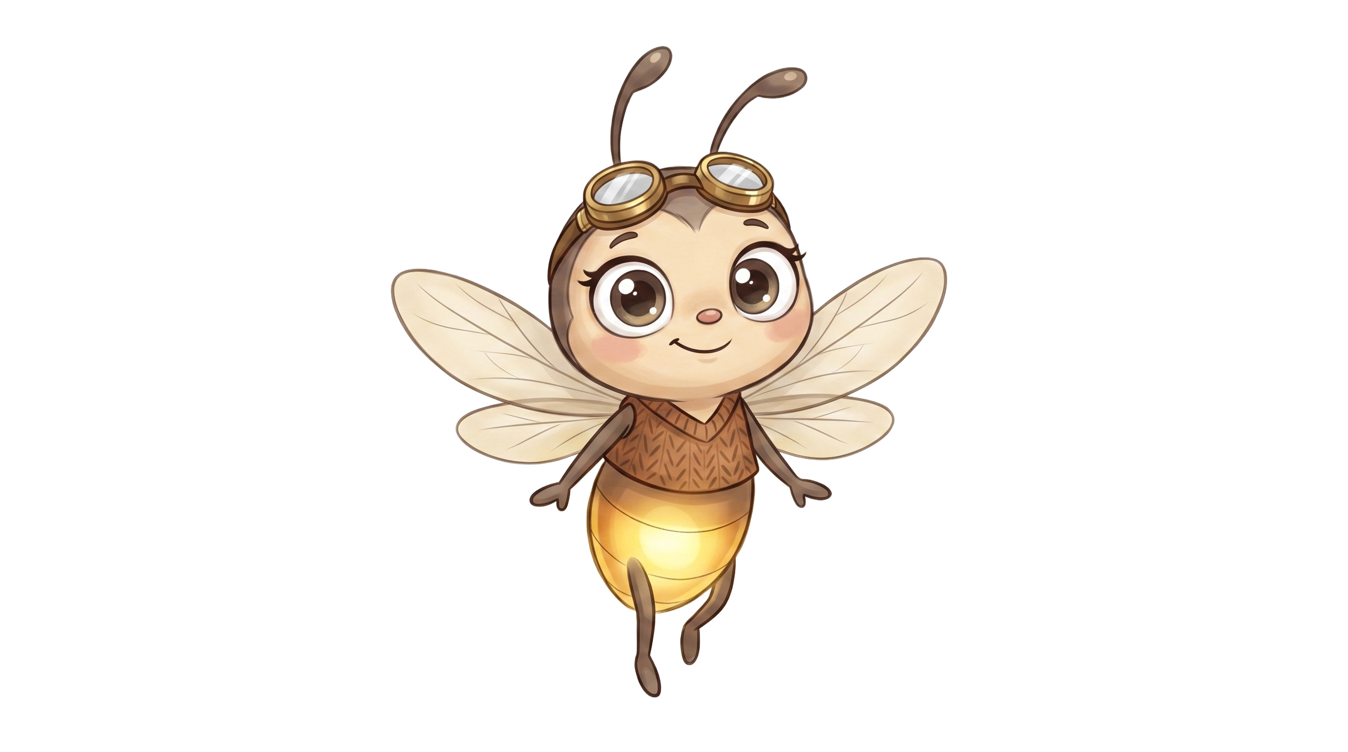 Mira the firefly with a glowing honey-gold belly and aviator goggles