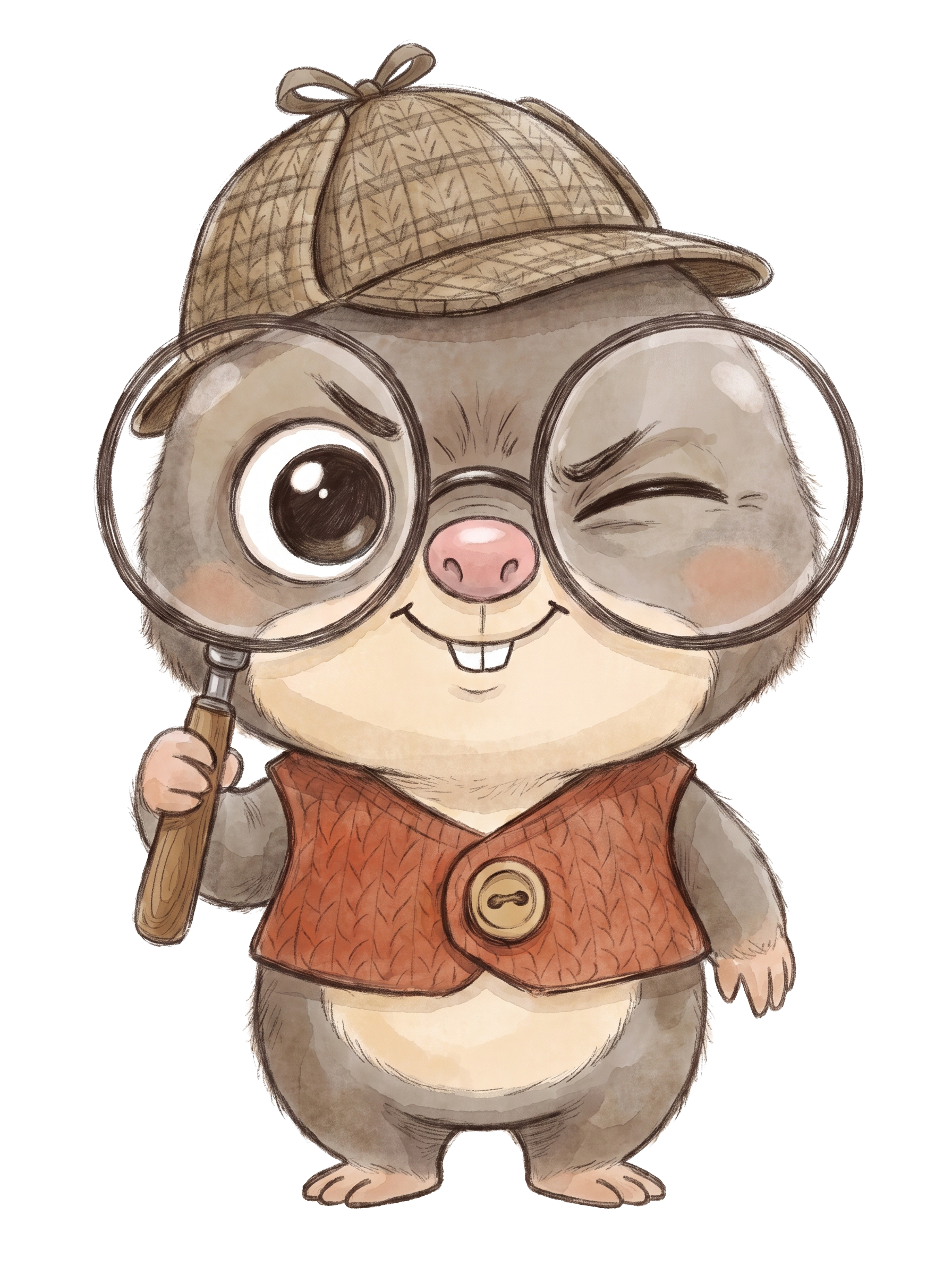 Otto the mole detective, with huge glasses, deerstalker hat and magnifying glass