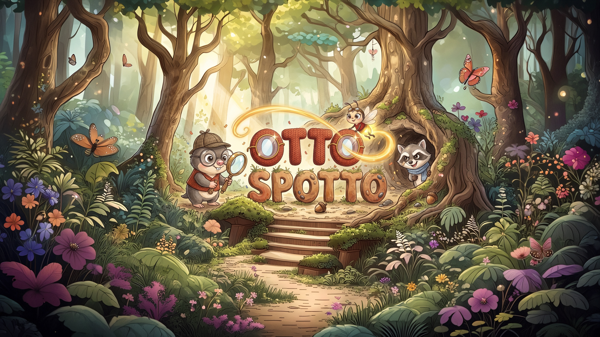 Otto Spotto — Otto the mole, Mira the firefly and Rocco the raccoon in a sunlit storybook forest